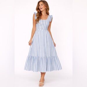 Molly Bracken Blue White Stripe Midi Dress Ruffle Strap Bow Back Sundress Small
